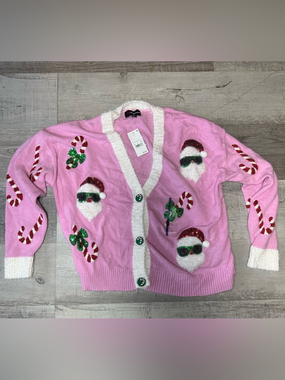33 Degrees Women’s Large Pink Christmas Cardigan Santa Sequin Candy Cane NWT